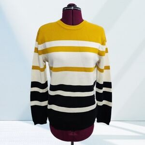 H&M Mens Jumper White Mustard Black Striped Knit Long Sleeve Crewneck